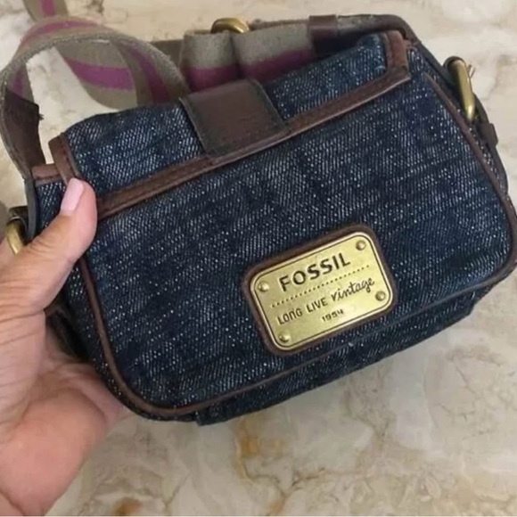 Fossil Mini Dark Wash Denim Crossbody Bag w/ Brown Leather Trim & Brass Details - Picture 2 of 8